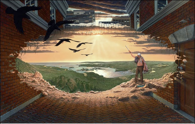 painting by Jon Boots man seen through dissipating bricks greeting buffalo and crows